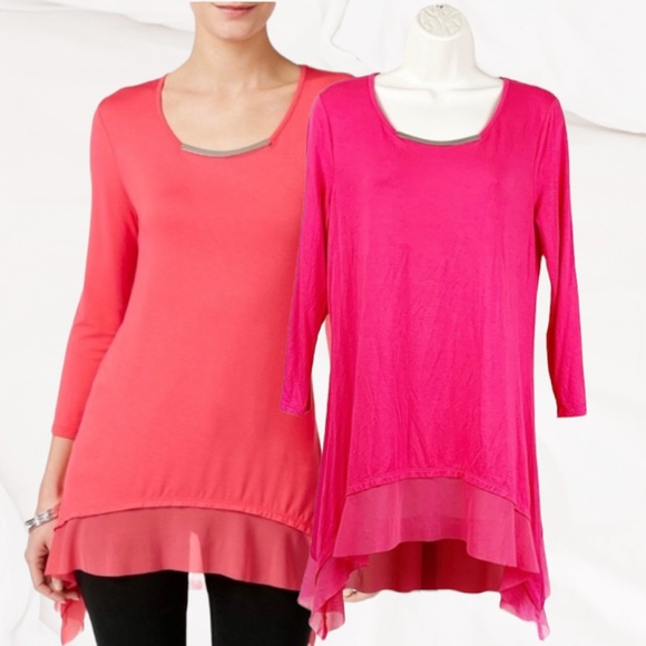 Cable & Gauge Embellished Neckline 3/4 Sleeve Azalea Pink Layered Mesh Hem Tunic - Picture 9 of 9
